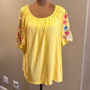 Talbots LP Butter Yellow Embroidered Floral Puff Sleeve Boho Cottagecore Peasant